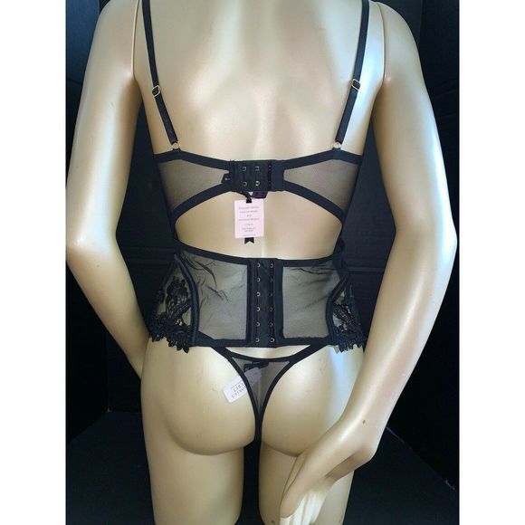 Victoria's Secret DESIGNER COLLECTION 34B,36C CORSET SET BLACK floral embroidery - Picture 6 of 15